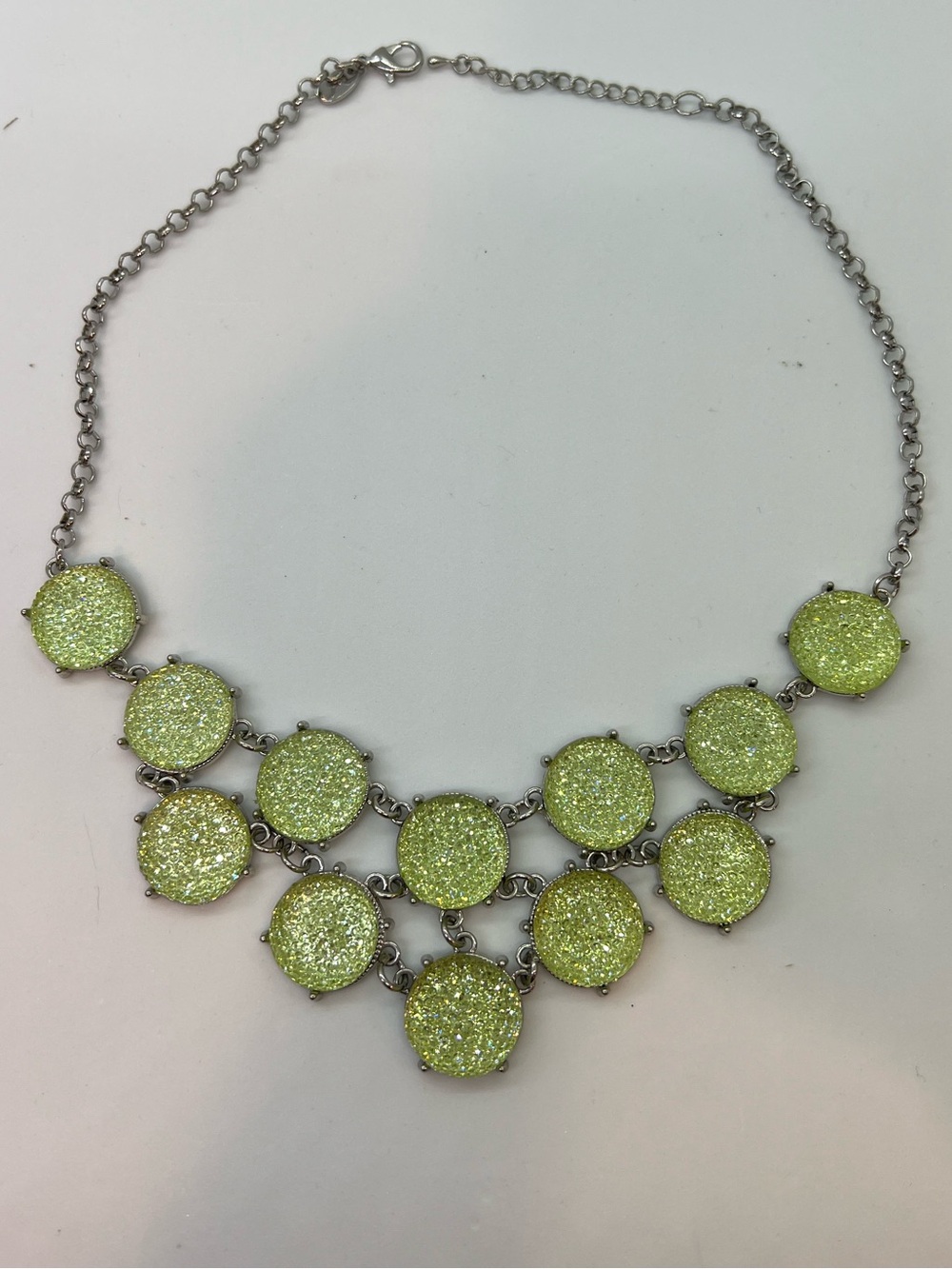 New Charming Charlie Lime Green Statement Necklace Sparkly Circles Bubbles Bib